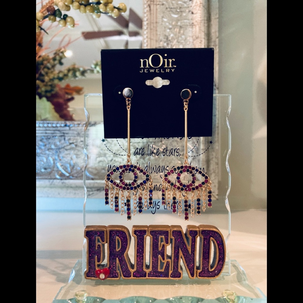 Noir Evil Eye Drop Earrings Multi Color Rhinestones Gold Tone Metal